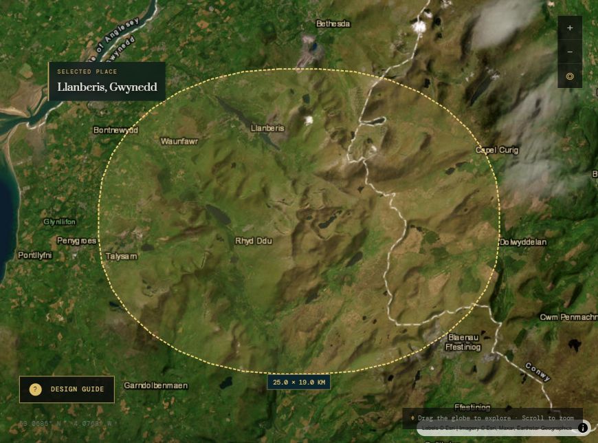 Llanberis, Eryri: actual 25 × 19 km rounded source selection for the Earth pendant and terrain print; imagery Esri, Maxar, Earthstar Geographics