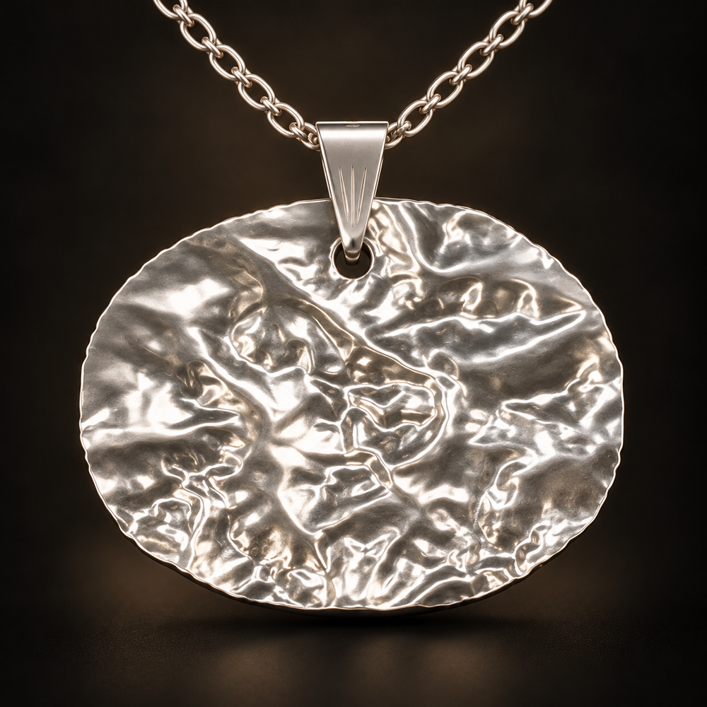 Illustrative sterling-silver pendant based on the generated Llanberis, Eryri terrain design; studio presentation enhanced
