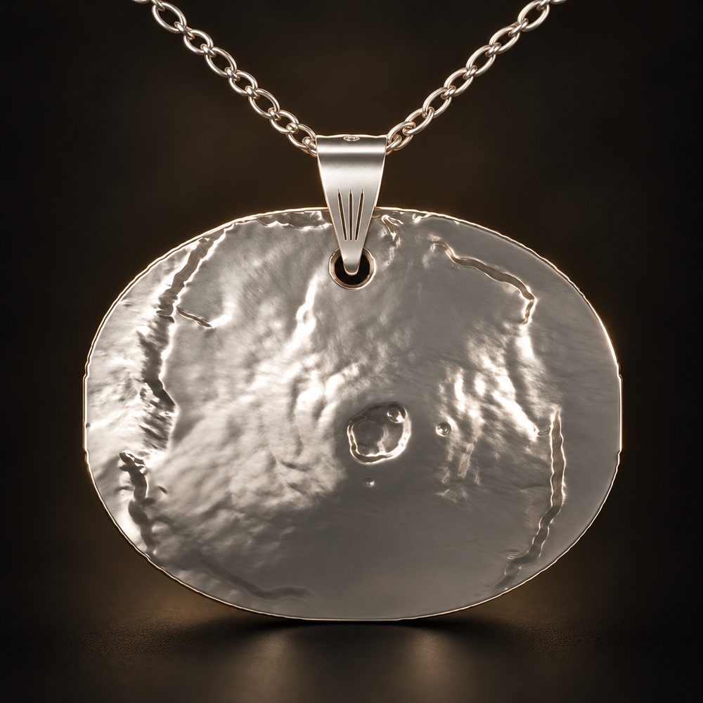 Illustrative sterling-silver Olympus Mons pendant, based on the designer’s actual NASA terrain mesh; studio finish enhanced for presentation.