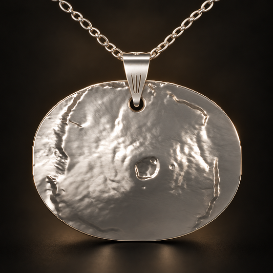 Illustrative sterling-silver Olympus Mons pendant, based on the designer’s actual NASA terrain mesh; studio finish enhanced for presentation.