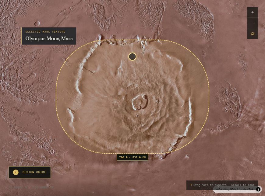 Olympus Mons: actual 700 × 532 km rounded map selection used for the pendant; NASA Mars Trek imagery