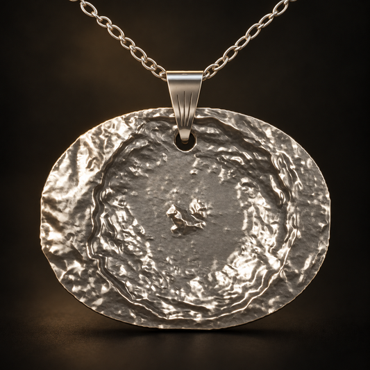 Illustrative sterling-silver Tycho Crater pendant, based on the designer’s actual NASA terrain mesh; studio finish enhanced for presentation.