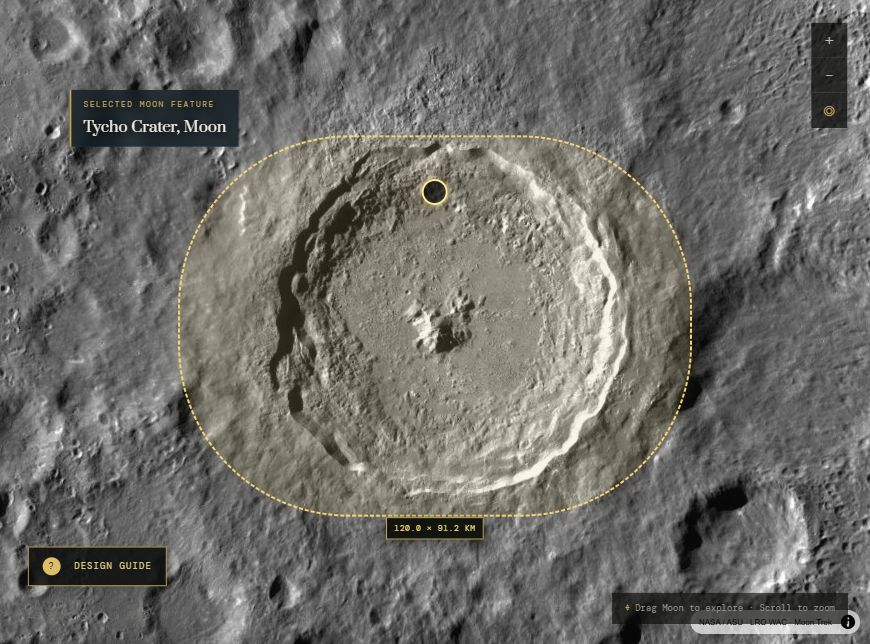 Tycho Crater: actual 120 × 91.2 km rounded map selection used for the pendant; NASA Moon Trek imagery