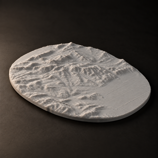 Illustrative matte PLA terrain map with FDM layer texture; actual printed finish varies.